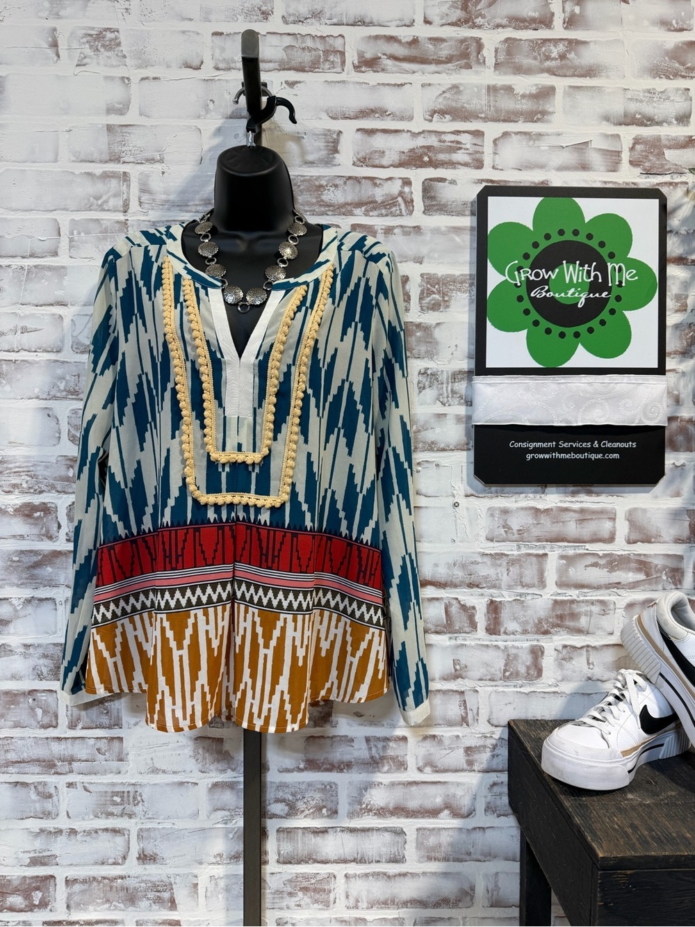 Maeve Teal Multi-Color Boho Tunic with Pom Trim size 12